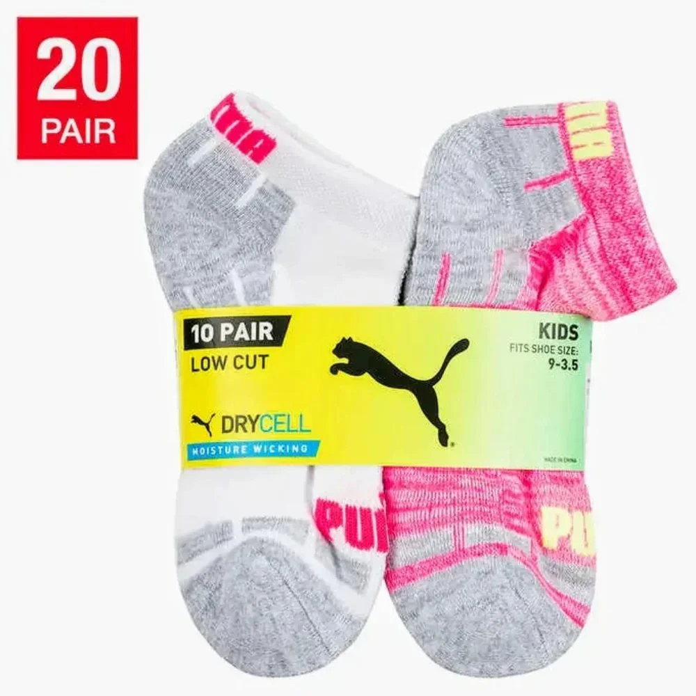 New! PUMA Youth kids Low Cut Sock 20-pair Black White Pink select colors size